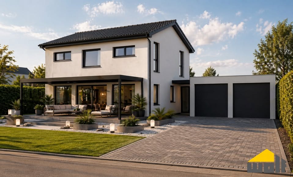 KI-Rendering WOLF-Haus mit Garage Bayreuth